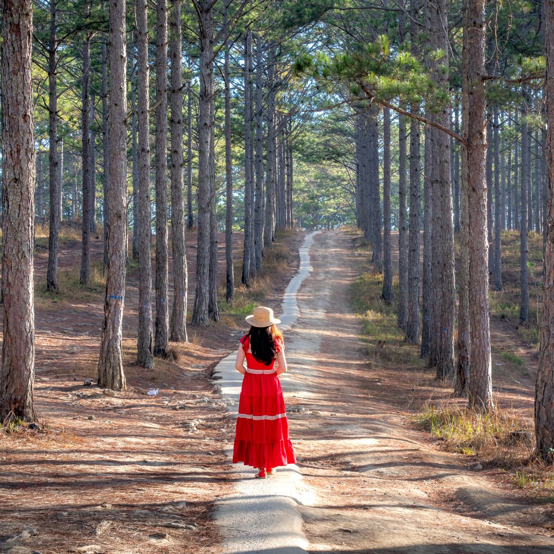 woman walking down a long trail in the woods